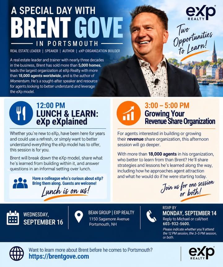 Agent Event!

Brent Gove is coming to Portsmouth on Wednesday, September 16 — and you're invited. 🎉
