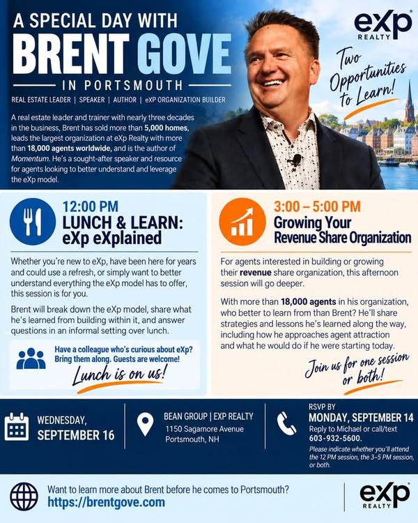 Agent Event!
Brent Gove is coming to Portsmouth on Wednesday, September 16 — and you're invited. 🎉
